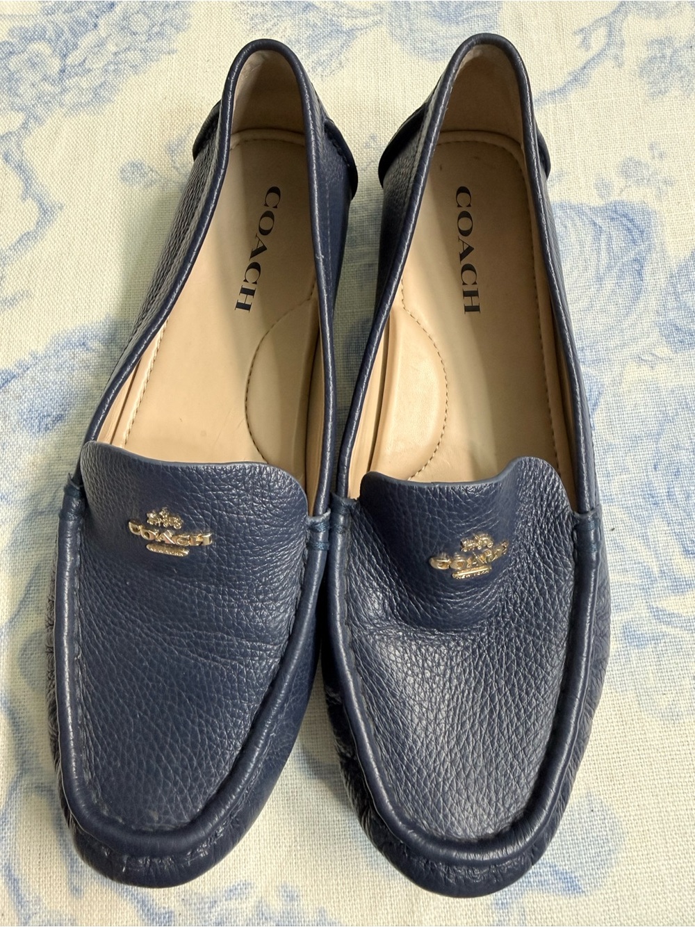 Coach Navy Pebbled Leather Loafers with Gold Logo Hardware - Picture 3 of 4